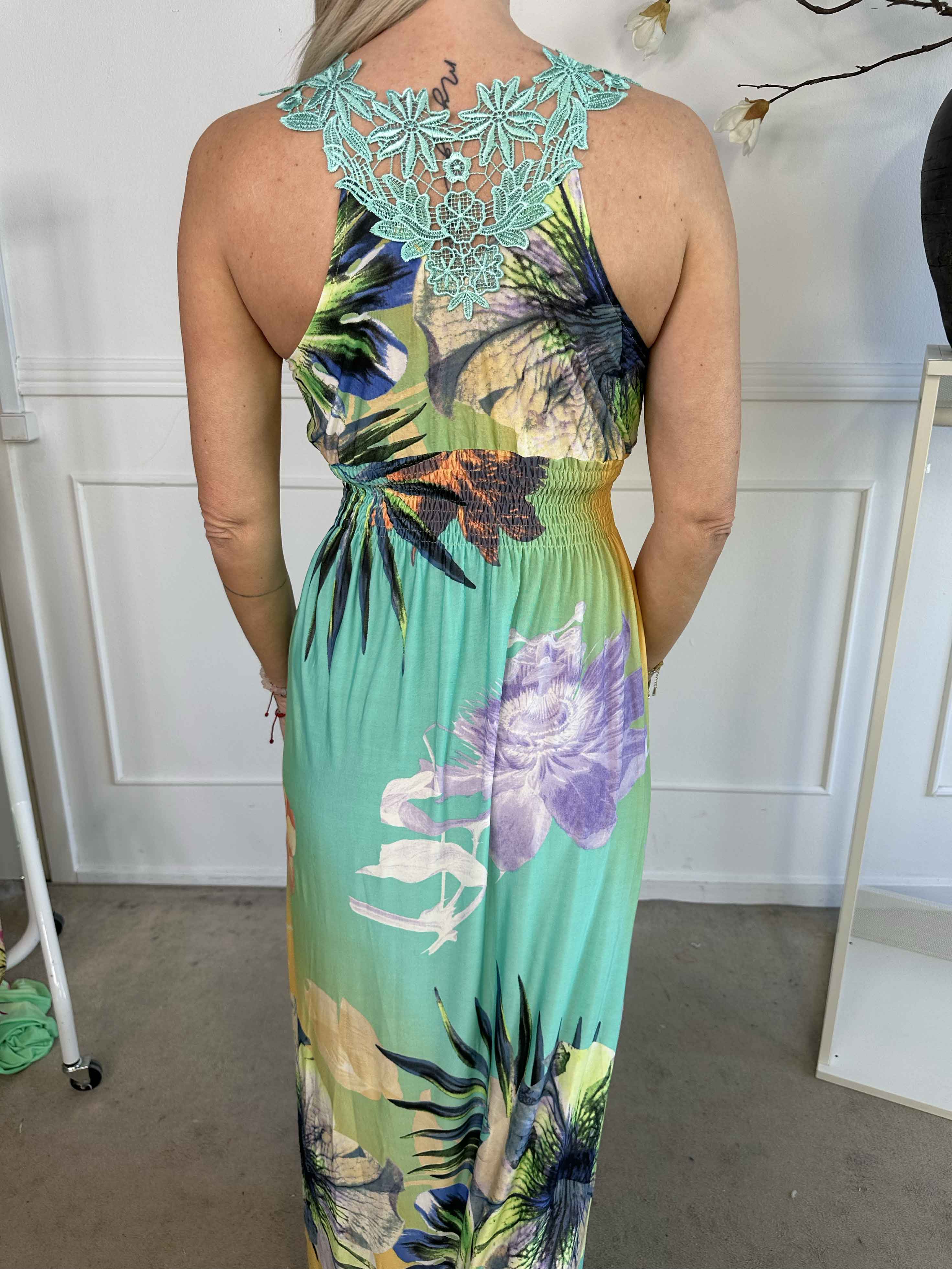 Nantes - Lang kjole i elastisk stof med broderet ryg